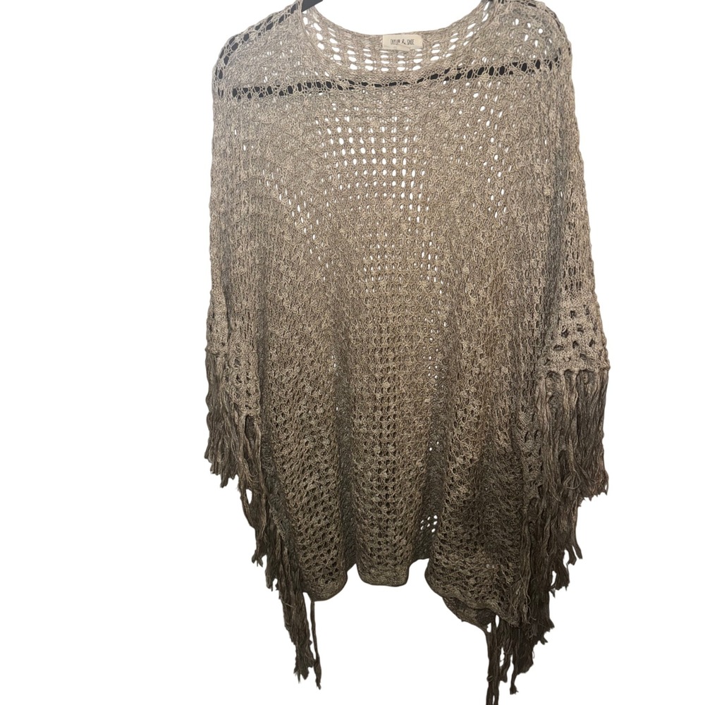 Taylor & Sage Womens Beige Open Knit Fringe Poncho Sweater Size M Boho Hippie